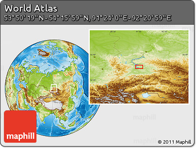 Physical Location Map of the Area around 54° 3' 9" N, 91° 52' 30" E