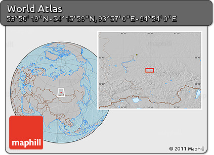 Gray Location Map of the Area around 54° 3' 9" N, 94° 25' 30" E, hill shading