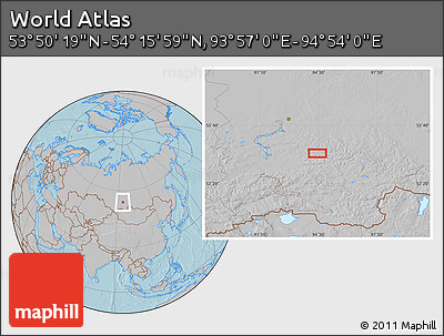 Gray Location Map of the Area around 54° 3' 9" N, 94° 25' 30" E, hill shading