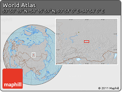 Gray Location Map of the Area around 54° 3' 9" N, 94° 25' 30" E, hill shading