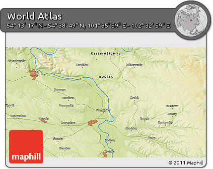 Physical 3D Map of the Area around 54° 26' 3" N, 102° 4' 29" E