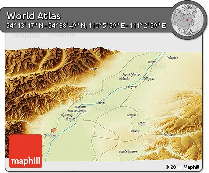 Physical 3D Map of the Area around 54° 26' 3" N, 110° 34' 29" E