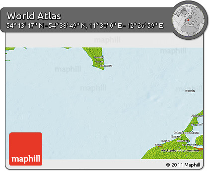 Physical 3D Map of the Area around 54° 26' 3" N, 11° 58' 29" E