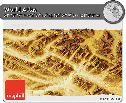 Physical 3D Map of the Area around 54° 26' 3" N, 121° 28' 29" W