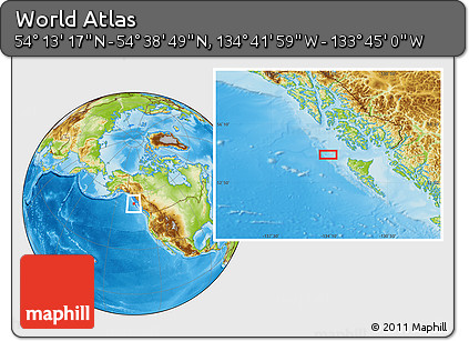 Physical Location Map of the Area around 54° 26' 3" N, 134° 13' 29" W