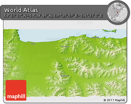 Physical 3D Map of the Area around 54° 26' 3" N, 136° 4' 29" E