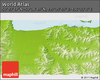 Physical 3D Map of the Area around 54° 26' 3" N, 136° 4' 29" E