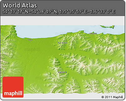 Physical 3D Map of the Area around 54° 26' 3" N, 136° 4' 29" E