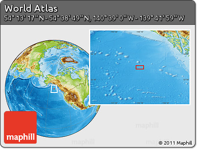 Physical Location Map of the Area around 54° 26' 3" N, 140° 10' 30" W