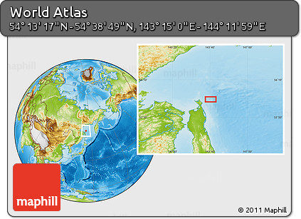 Physical Location Map of the Area around 54° 26' 3" N, 143° 43' 29" E