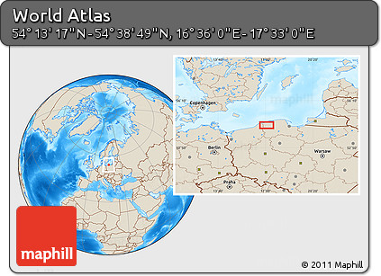 Shaded Relief Location Map of the Area around 54° 26' 3" N, 17° 4' 30" E