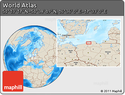 Shaded Relief Location Map of the Area around 54° 26' 3" N, 17° 4' 30" E