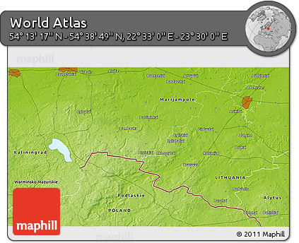 Physical 3D Map of the Area around 54° 26' 3" N, 23° 1' 29" E