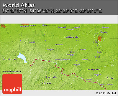 Physical 3D Map of the Area around 54° 26' 3" N, 23° 1' 29" E