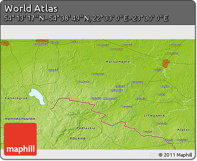 Physical 3D Map of the Area around 54° 26' 3" N, 23° 1' 29" E