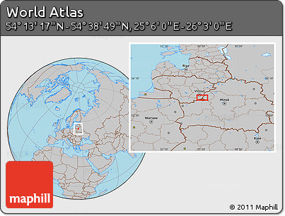 Gray Location Map of the Area around 54° 26' 3" N, 25° 34' 30" E