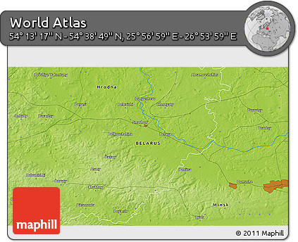 Physical 3D Map of the Area around 54° 26' 3" N, 26° 25' 29" E