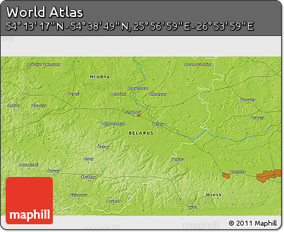 Physical 3D Map of the Area around 54° 26' 3" N, 26° 25' 29" E