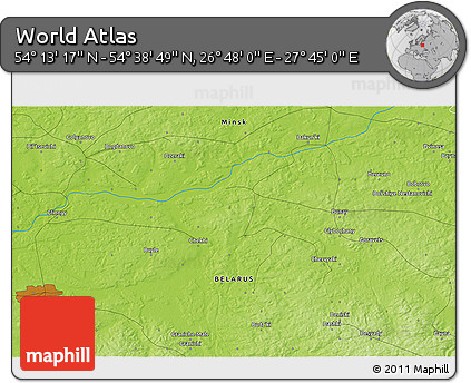 Physical 3D Map of the Area around 54° 26' 3" N, 27° 16' 29" E