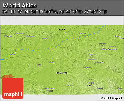 Physical 3D Map of the Area around 54° 26' 3" N, 27° 16' 29" E