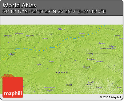 Physical 3D Map of the Area around 54° 26' 3" N, 27° 16' 29" E