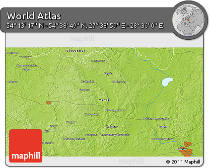 Physical 3D Map of the Area around 54° 26' 3" N, 28° 7' 30" E