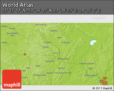 Physical 3D Map of the Area around 54° 26' 3" N, 28° 7' 30" E