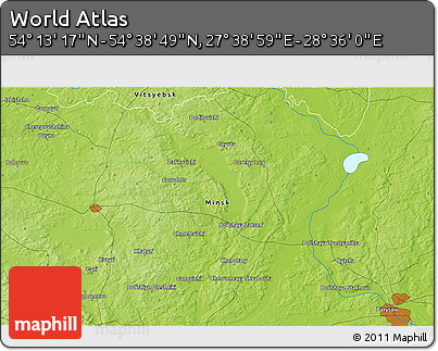 Physical 3D Map of the Area around 54° 26' 3" N, 28° 7' 30" E