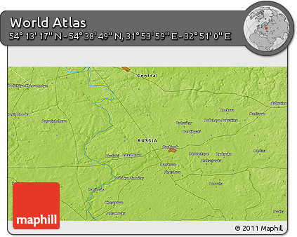 Physical 3D Map of the Area around 54° 26' 3" N, 32° 22' 30" E