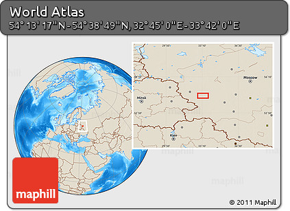 Shaded Relief Location Map of the Area around 54° 26' 3" N, 33° 13' 30" E