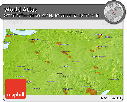 Physical 3D Map of the Area around 54° 26' 3" N, 49° 22' 30" E