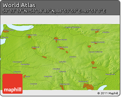 Physical 3D Map of the Area around 54° 26' 3" N, 49° 22' 30" E
