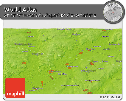 Physical 3D Map of the Area around 54° 26' 3" N, 50° 13' 30" E