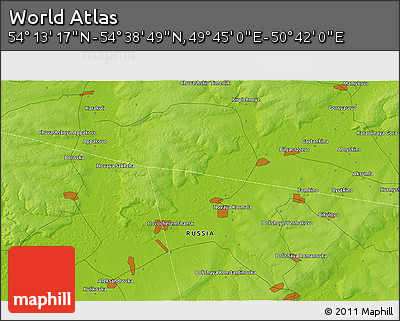 Physical 3D Map of the Area around 54° 26' 3" N, 50° 13' 30" E