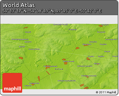 Physical 3D Map of the Area around 54° 26' 3" N, 50° 13' 30" E
