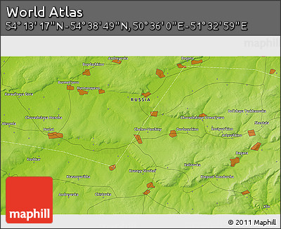 Physical 3D Map of the Area around 54° 26' 3" N, 51° 4' 30" E