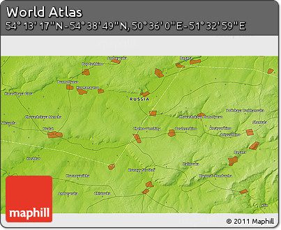Physical 3D Map of the Area around 54° 26' 3" N, 51° 4' 30" E