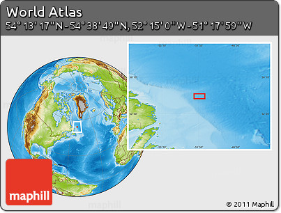 Physical Location Map of the Area around 54° 26' 3" N, 51° 46' 29" W