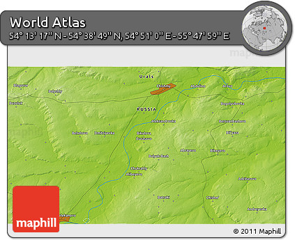 Physical 3D Map of the Area around 54° 26' 3" N, 55° 19' 30" E