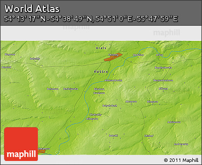 Physical 3D Map of the Area around 54° 26' 3" N, 55° 19' 30" E
