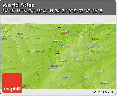 Physical 3D Map of the Area around 54° 26' 3" N, 55° 19' 30" E