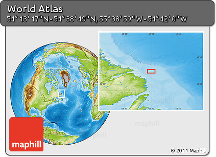 Physical Location Map of the Area around 54° 26' 3" N, 55° 10' 29" W