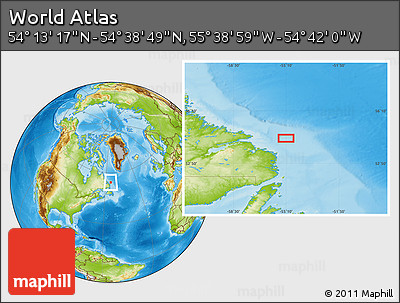Physical Location Map of the Area around 54° 26' 3" N, 55° 10' 29" W