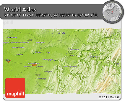 Physical 3D Map of the Area around 54° 26' 3" N, 57° 1' 29" E