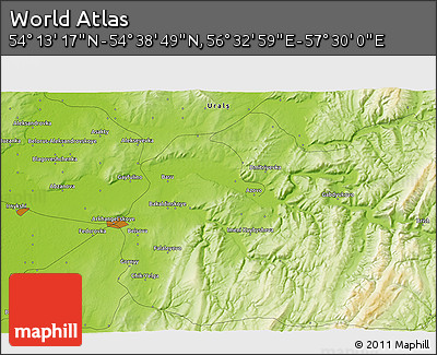 Physical 3D Map of the Area around 54° 26' 3" N, 57° 1' 29" E