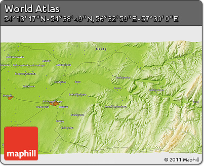 Physical 3D Map of the Area around 54° 26' 3" N, 57° 1' 29" E