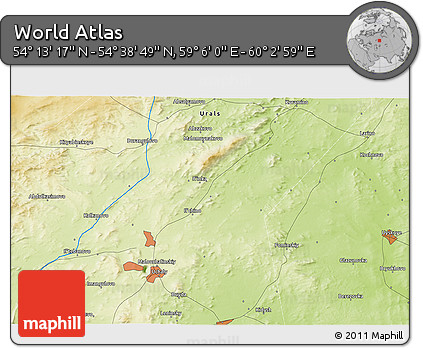 Physical 3D Map of the Area around 54° 26' 3" N, 59° 34' 30" E