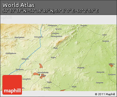 Physical 3D Map of the Area around 54° 26' 3" N, 59° 34' 30" E