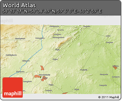 Physical 3D Map of the Area around 54° 26' 3" N, 59° 34' 30" E