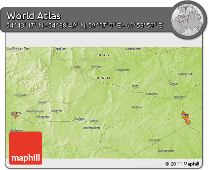 Physical 3D Map of the Area around 54° 26' 3" N, 60° 25' 29" E